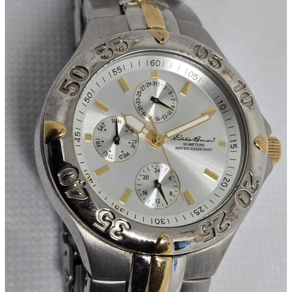 Men's Eddie Bauer Textured 3 Eye Silver Gold Two Tone Case Bracelet Watch 11